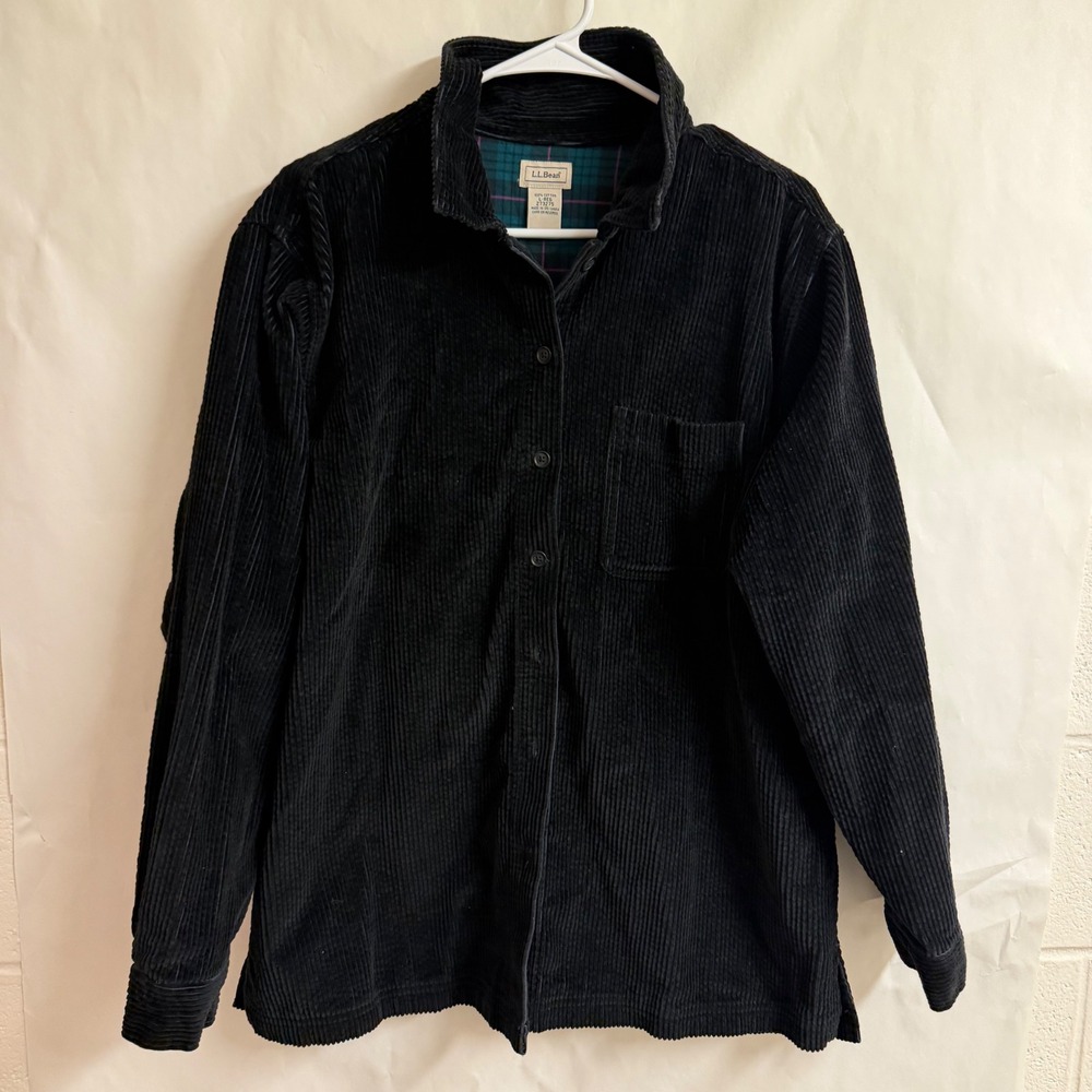 LL Bean Mens VTG Corduroy Shirt Black Plaid Lined Button Shirt Long Sleeve L REG